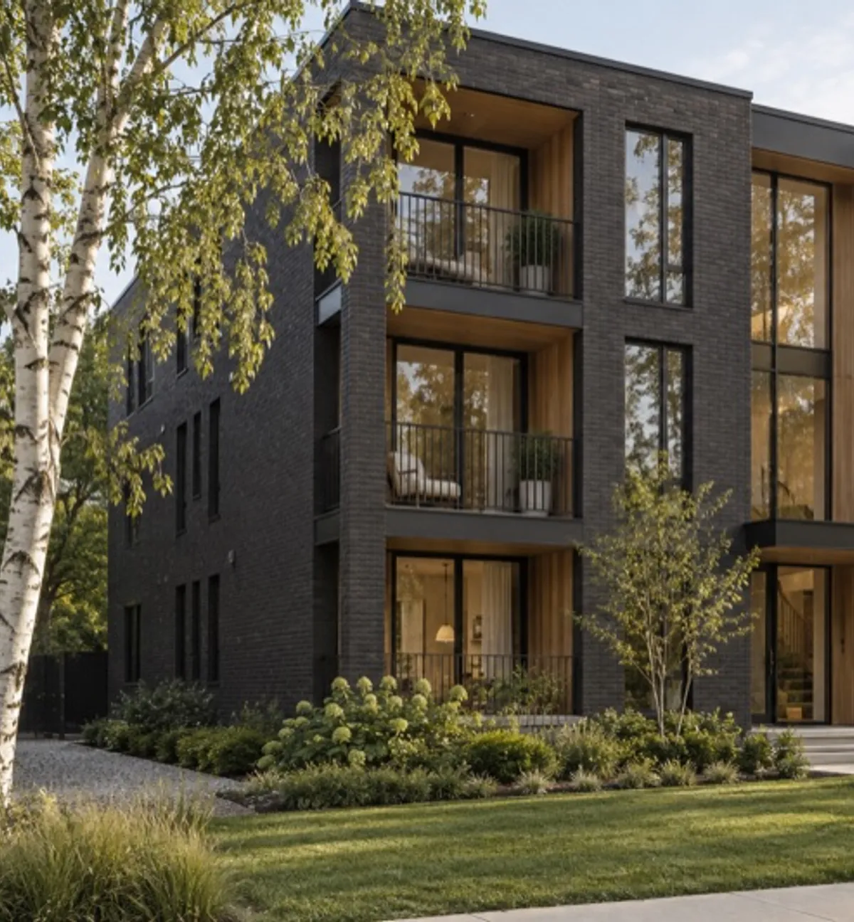 Contemporary rental residence with a landscaped entrance
