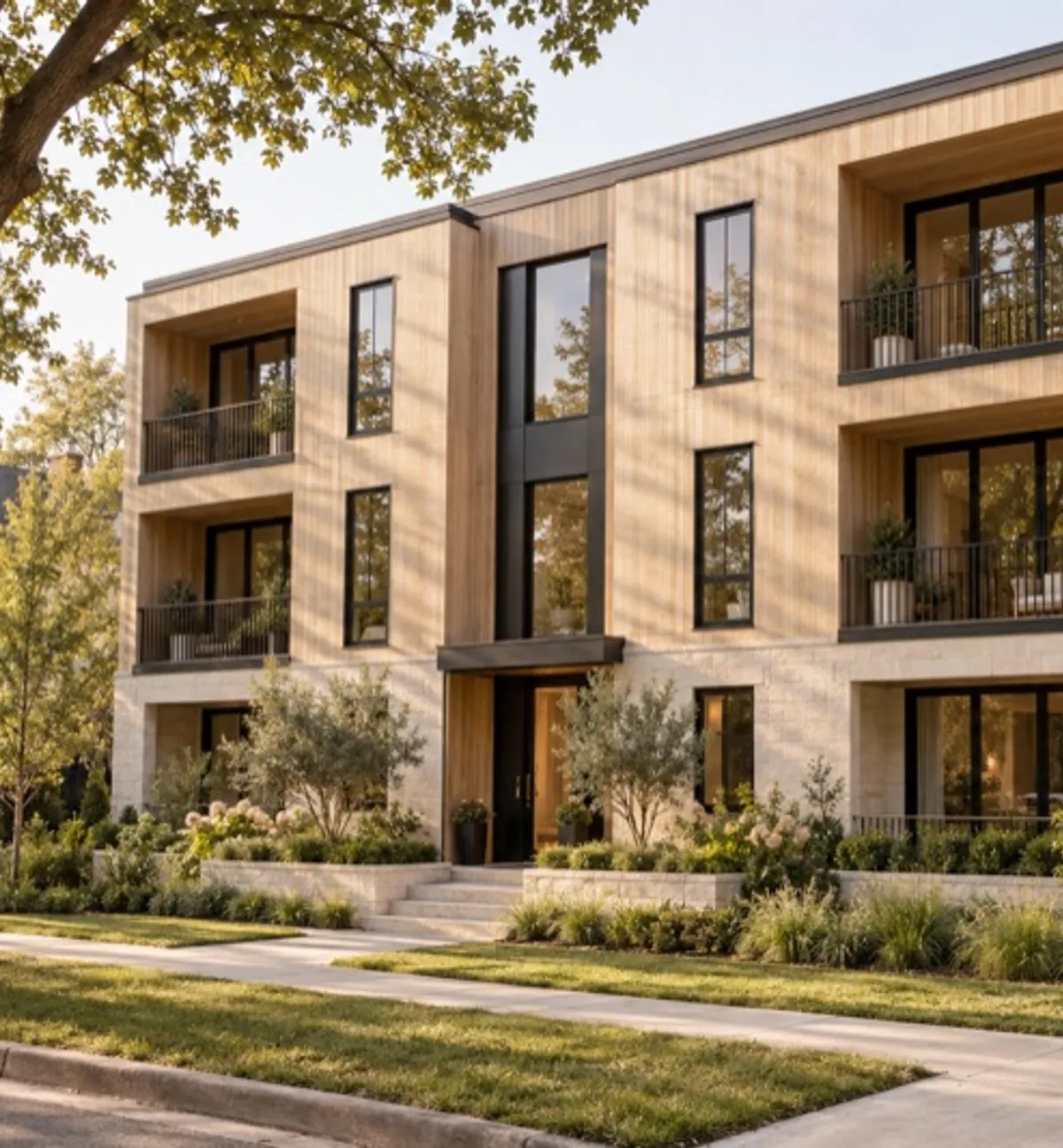 Residential building framed by greenery