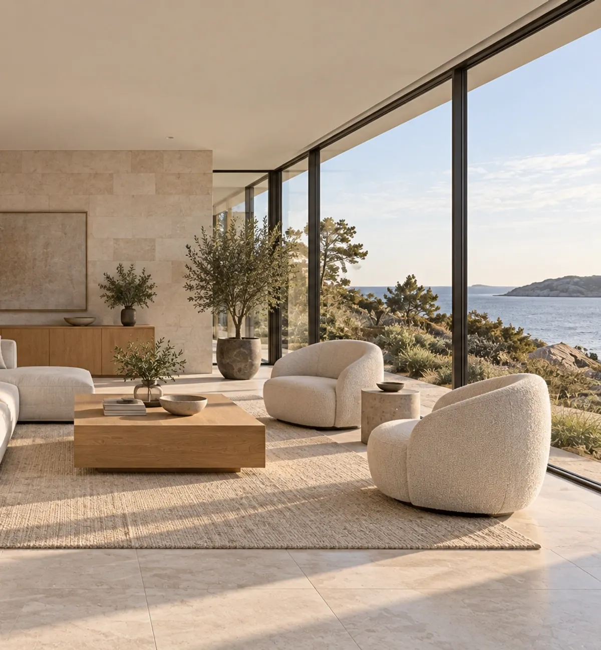 Warm contemporary living room overlooking the water